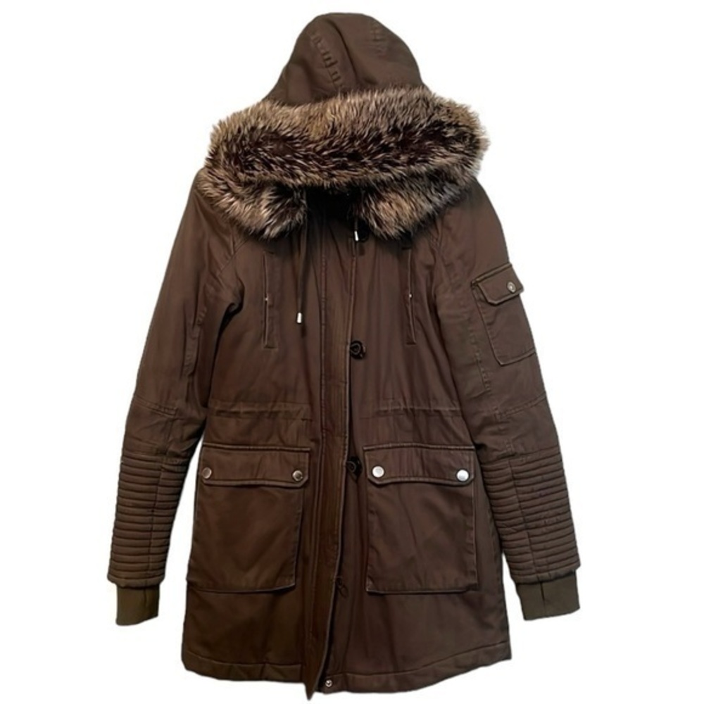 BCBGeneration Coat with faux fur hood full zip & buttons, army color green small